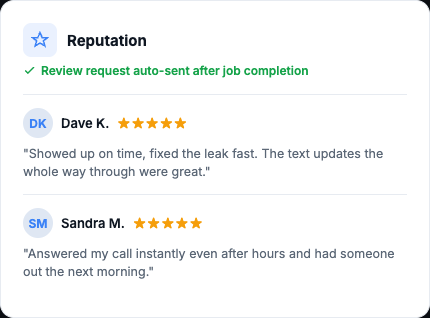 ContractorSuite reputation widget showing review requests auto-sent after job completion with five-star reviews from Dave K. and Sandra M.